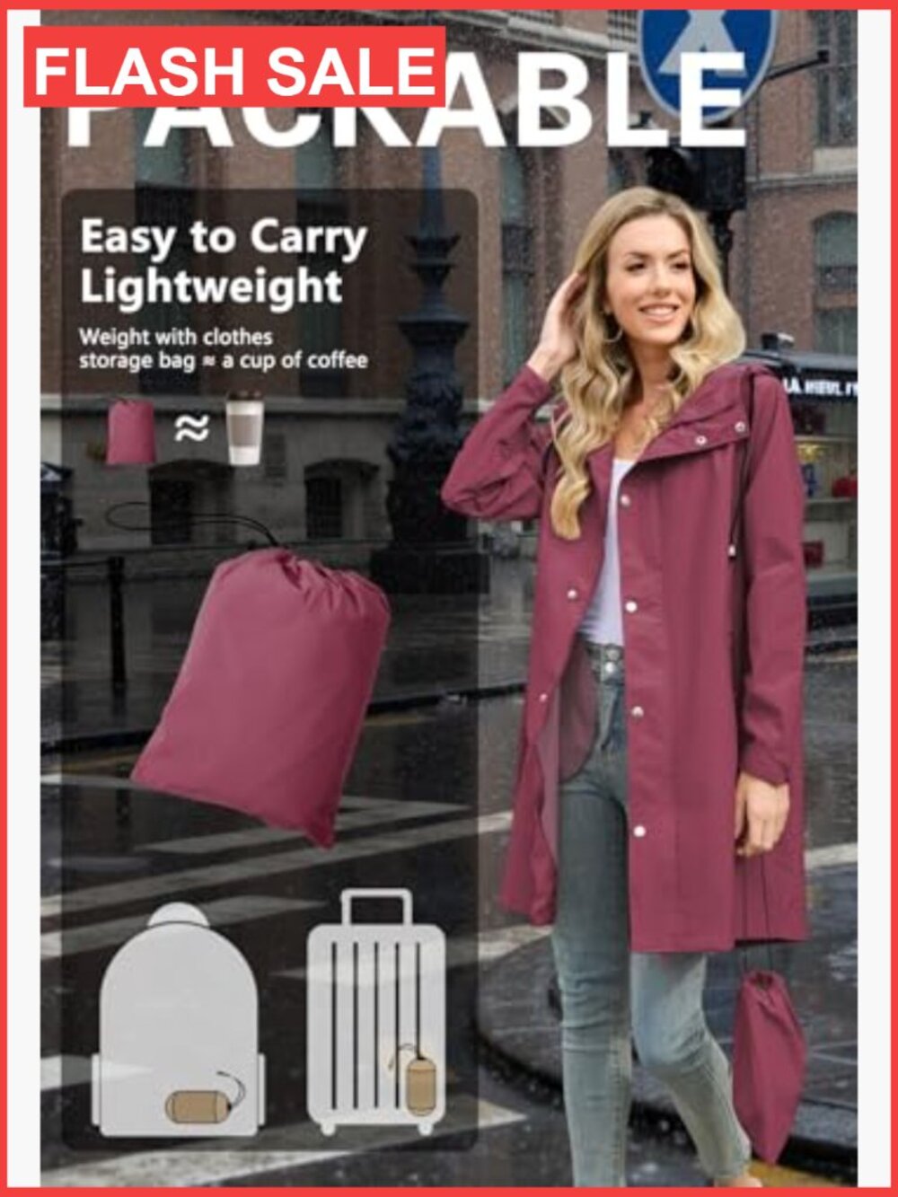 Long Packable Rain Jacket Women Waterproof Lightweight Hooded Windbreaker - Picture 4 of 7